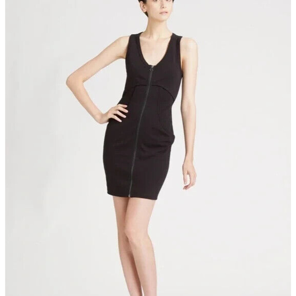 T by Alexander Wang Ponte Front Zip Dress Black Sheath Sleeveless Pocket…